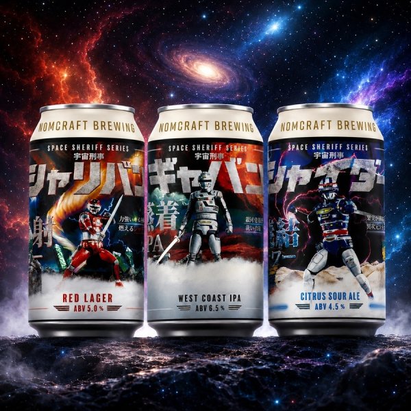 画像1: NOMCRAFT BREWING　 宇宙刑事シリーズ３種類セット　宇宙刑事ギャバン『蒸着IPA』　×　宇宙刑事シャリバン『赤射ラガー』　×　宇宙刑事シャイダー『焼結サワー』　350ｍl　3本セット　(冷蔵) (1)